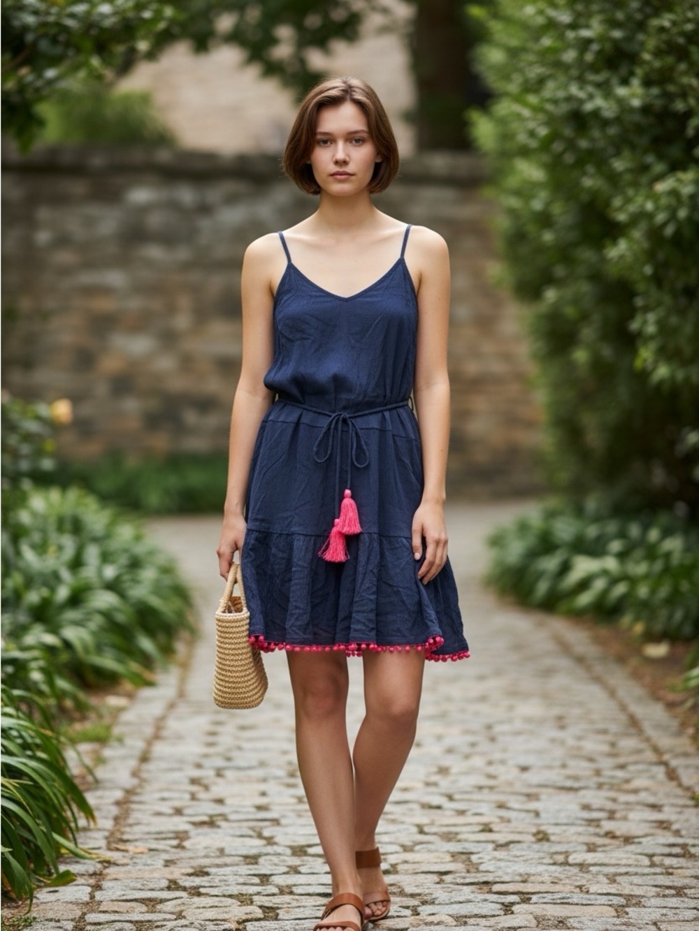 🫶🏻 Xhilaration Navy Spaghetti-Strap Sundress with Pink Tassel Trim